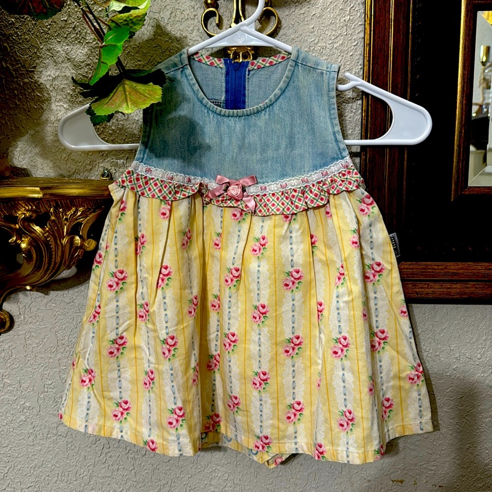 Vintage Floral and Denim 24 M Toddler Dress Blue Yellow Zipper Back slee…
